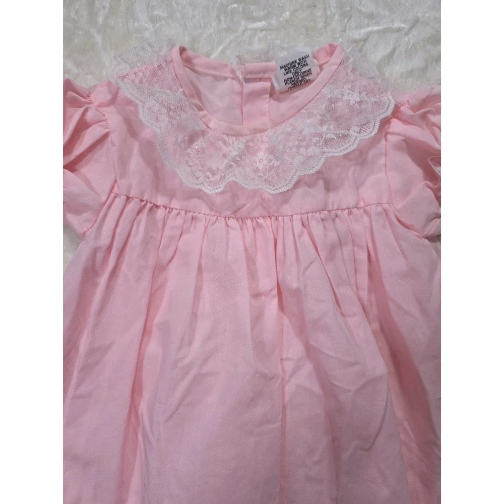Vintage MyFair Pink Baby Dress Lace Collar Puff Sleeve 18 Months